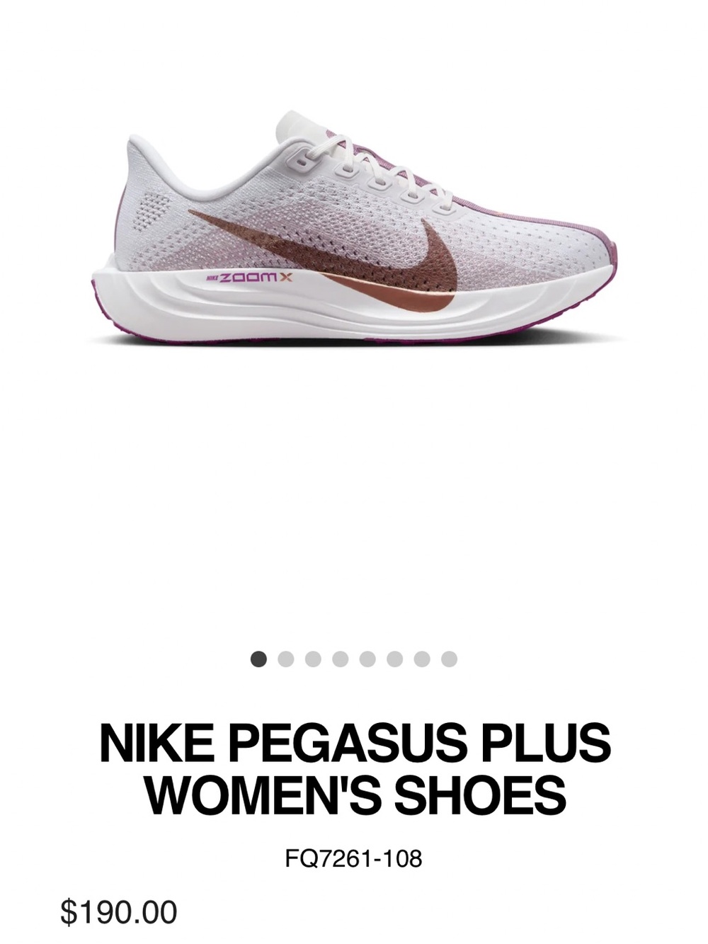Nike Pegasus Plus Womens Size 7M White/Platinum Violet/Bronze New Without Box.